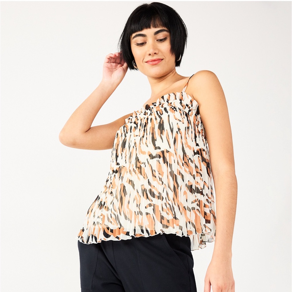 Nine West Animal Zebra Printed Pleated Smocked Tank Top Blouse